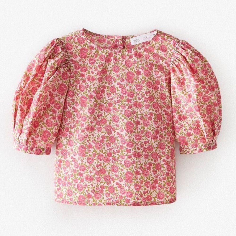 Zara Taffeta Floral Puff Sleeve Blouse